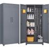imageFLEXIMOUNTS 65 Tall Metal Storage Cabinet with Locking Door Large Cleaning Tool Organizer for Brooms Garage Laundry Room Bathroom GreyWhiteDark Grey