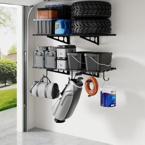imageLEXIMOUNTS 2Pack 2x4ft Garage Shelving with Hooks 24inchby48inch Wall Shelf Garage Storage Racks Floating Shelves WhiteBlack