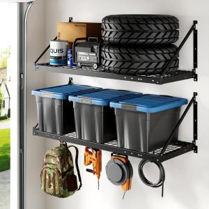 imageFLEXIMOUNTS 2Pack 2x4ft Garage Wall Shelving  Heavy Duty Garage Storage Rack 440 lbs Load Capacity with Brace Guardrail Organization System for Tools Heavy Bins Sports Equipment Utility Room2X4ft2pcs with 4 hooks