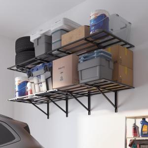 imageFLEXIMOUNTS 2x6ft Heavy Duty Garage Storage Wall Shelving 1600lbs Total Weight Capacity 2 Pack Wall Mounted Storage Rack 24x75 inch Rack Floating Shelves for Garage Organization Snap AssemblyMatte Black