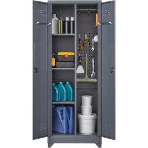 imageFLEXIMOUNTS 65 Tall Metal Storage Cabinet with Locking Door Large Cleaning Tool Organizer for Brooms Garage Laundry Room Bathroom GreyWhiteDark Grey