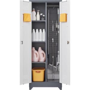 imageFLEXIMOUNTS 65 Tall Metal Storage Cabinet with Locking Door Large Cleaning Tool Organizer for Brooms Garage Laundry Room Bathroom GreyWhiteGreywhite
