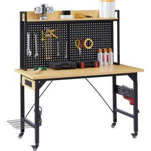 imageFLEXIMOUNTS Adjustable Workbench with pegboard 48 Heavy Duty Wooden Work Bench with Wheels 2000 LBS Load Capacity Rolling Workbench with ACUSB Outlet Hooks Shelf for Garage Workshop Home