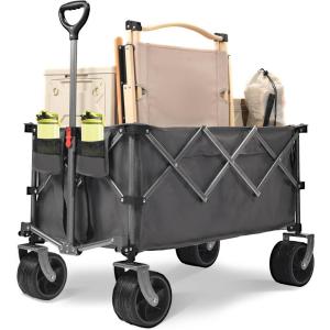 imageFLEXIMOUNTS Collapsible Wagon with Big Wheels 450 LBS Heavy Duty Foldable Wagon Cart with Cup Holders 400L Large Capacity for Camping Sports Garden Baseball BlackGray