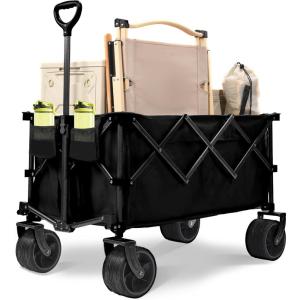 imageFLEXIMOUNTS Collapsible Wagon with Big Wheels 450 LBS Heavy Duty Foldable Wagon Cart with Cup Holders 400L Large Capacity for Camping Sports Garden Baseball BlackBlack