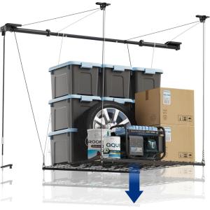 imageFLEXIMOUNTS Overhead Garage Storage Rack Lift 4x4 Ft HeavyDuty Garage Ceiling Storage Racks Adjustable Organization System With 71 L Axle 300lbs Load Capacity Flat BlackMatt Black