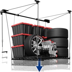 imageFLEXIMOUNTS Overhead Garage Storage Rack Lift 4x4 Ft HeavyDuty Garage Ceiling Storage Racks Adjustable Organization System With 71 L Axle 300lbs Load Capacity Flat BlackFlat Black