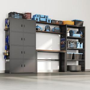 imageFLEXIMOUNTS Garage Storage Cabinet System 3in1 Modular Metal Tool Cabinet wWorkbench and Metal Board Shelf Includes Pegboard 24Gauge Steel 117L w 8 Doors Black FLEXIMOD SeriesBlack