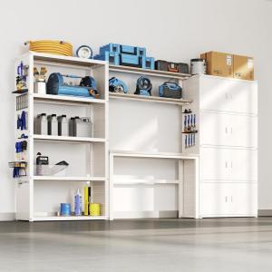 imageFLEXIMOUNTS Garage Storage Cabinet System 3in1 Modular Metal Tool Cabinet wWorkbench and Metal Board Shelf Includes Pegboard 24Gauge Steel 117L w 8 Doors Black FLEXIMOD SeriesWhite